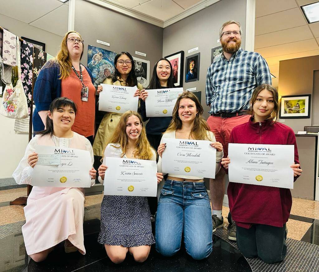 Mercer Island Visual Arts League (MIVAL) high school art scholarship award winners: front row, Joyce Li, Kristin Smoots, Cora Meredith and Alana Taitague. Back row, Jessica Shideler (Mercer Island High School art teacher,) Karen Zhang, Maria Zhang and Zac Corbin (Mercer Island High School art teacher). Photo courtesy of Crystal Taitague