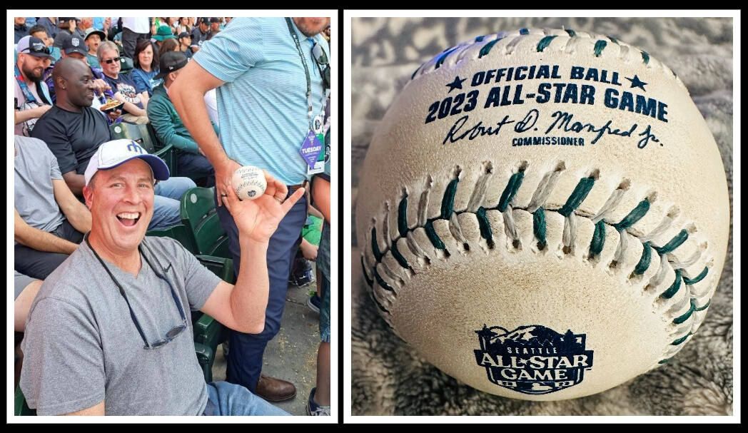 Mercer Island’s Jeff Otte snagged a foul ball while attending the MLB All-Star Game on July 11 at T-Mobile Park in Seattle. The one-handed grab occurred about 50 minutes into the game, and fans in the crowd were so excited that they snapped photos of him with the ball. “He’s been to hundreds of Mariners, other professional baseball games as well as his own kids’ games and he’s never caught a foul ball while sitting in the stands,” said Kym Otte. The National League beat the American League, 3-2. Photo courtesy of Jason King