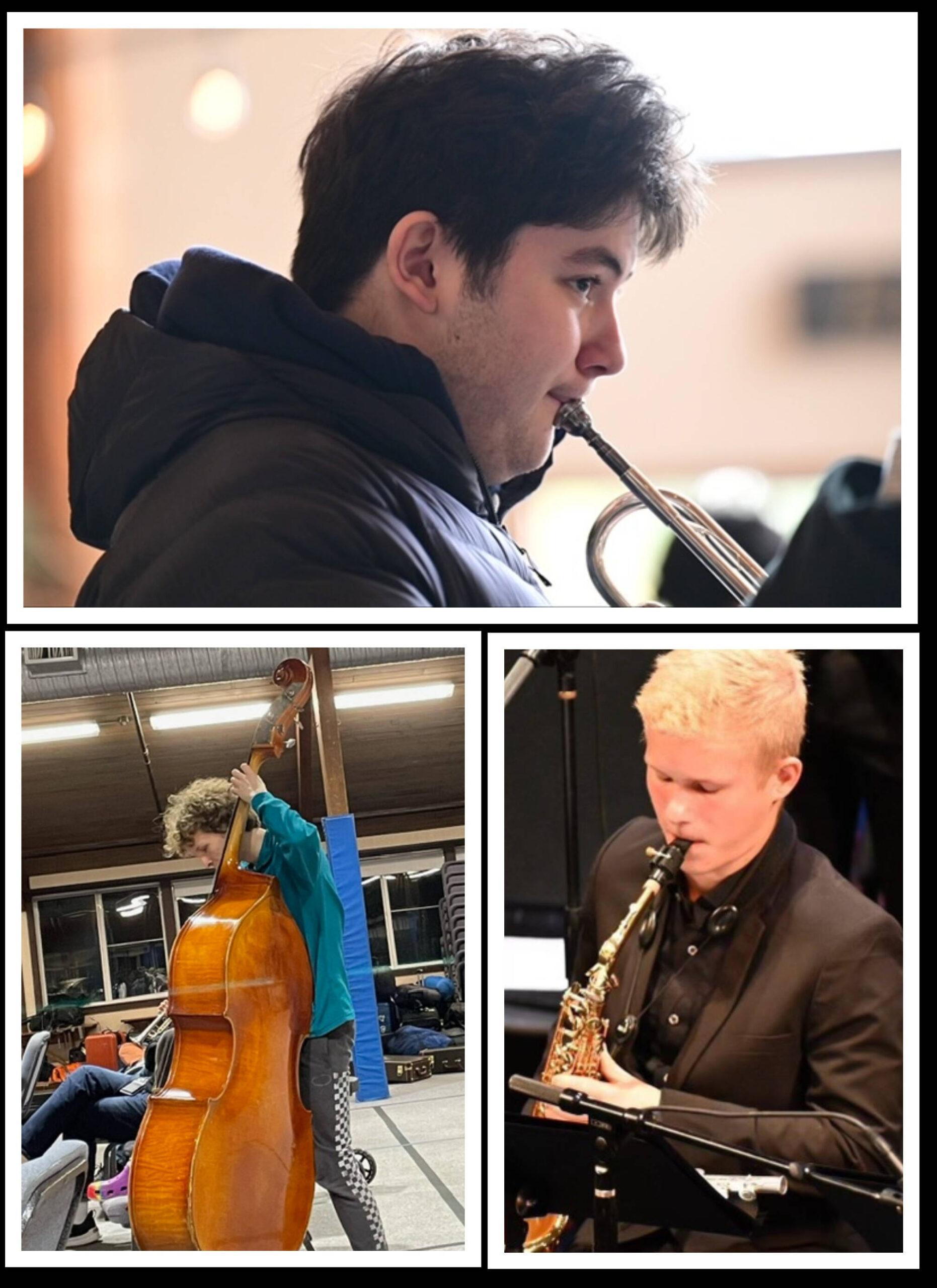 Top, Elliott Yaroslavsky on trumpet; bottom left, Leo Saloranta on double bass, and Denis Batalov on saxophone. Courtesy photos