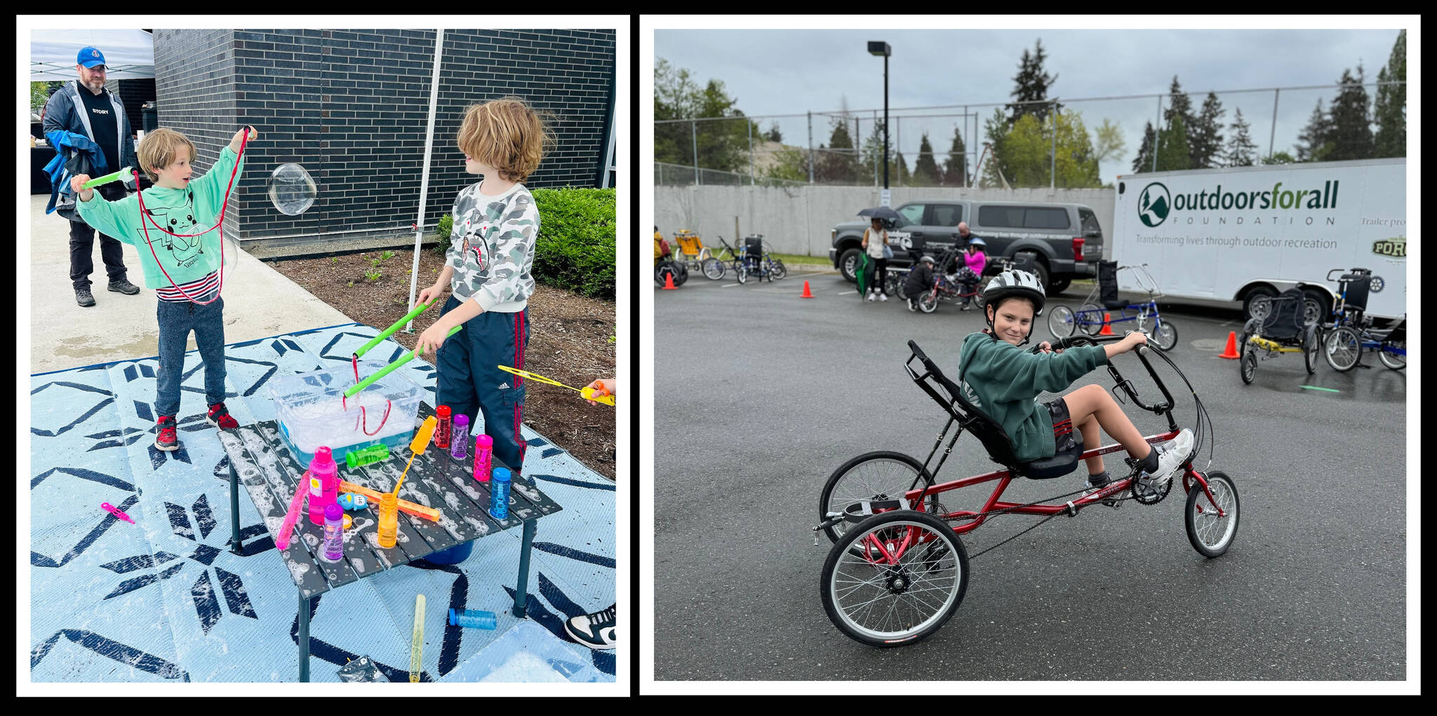 Kids enjoyed their time at Mercer Island PTA’s Special Services and Learning Differences (SSALD) committee’s inaugural SPED Community Day to celebrate belonging and inclusion on May 4 at the Northwood Elementary School lower parking lot. Rotary Club of Mercer Island sponsored the event with support from the Mercer Island School District. The free May the Fourth gathering welcomed all families to meet with city officials (including those from the police and fire departments), touch a truck, visit about 20 resource tables, participate in various activities and workshops and enjoy entertainment. Pictured playing with bubbles are August, left, and Sam Sternberg. Courtesy photos