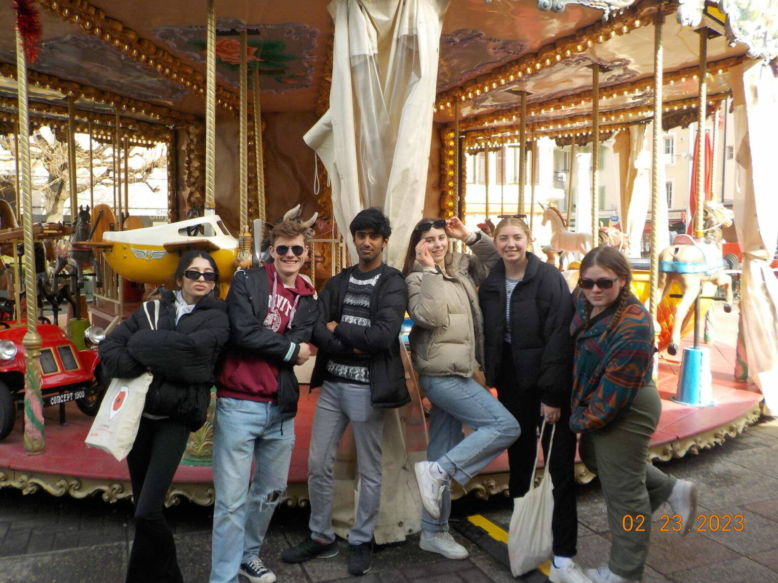 Mercer Island High School students, from left to right, Jade Lathieyre, Finn Hensey, Sidh Shroff, Sophie Cartwright, Amelie Schmid and Elise McDonald, gather during an outing on their trip to Thonon-les-Bains, France, in 2023. Photo courtesy of Sophie Cartwright