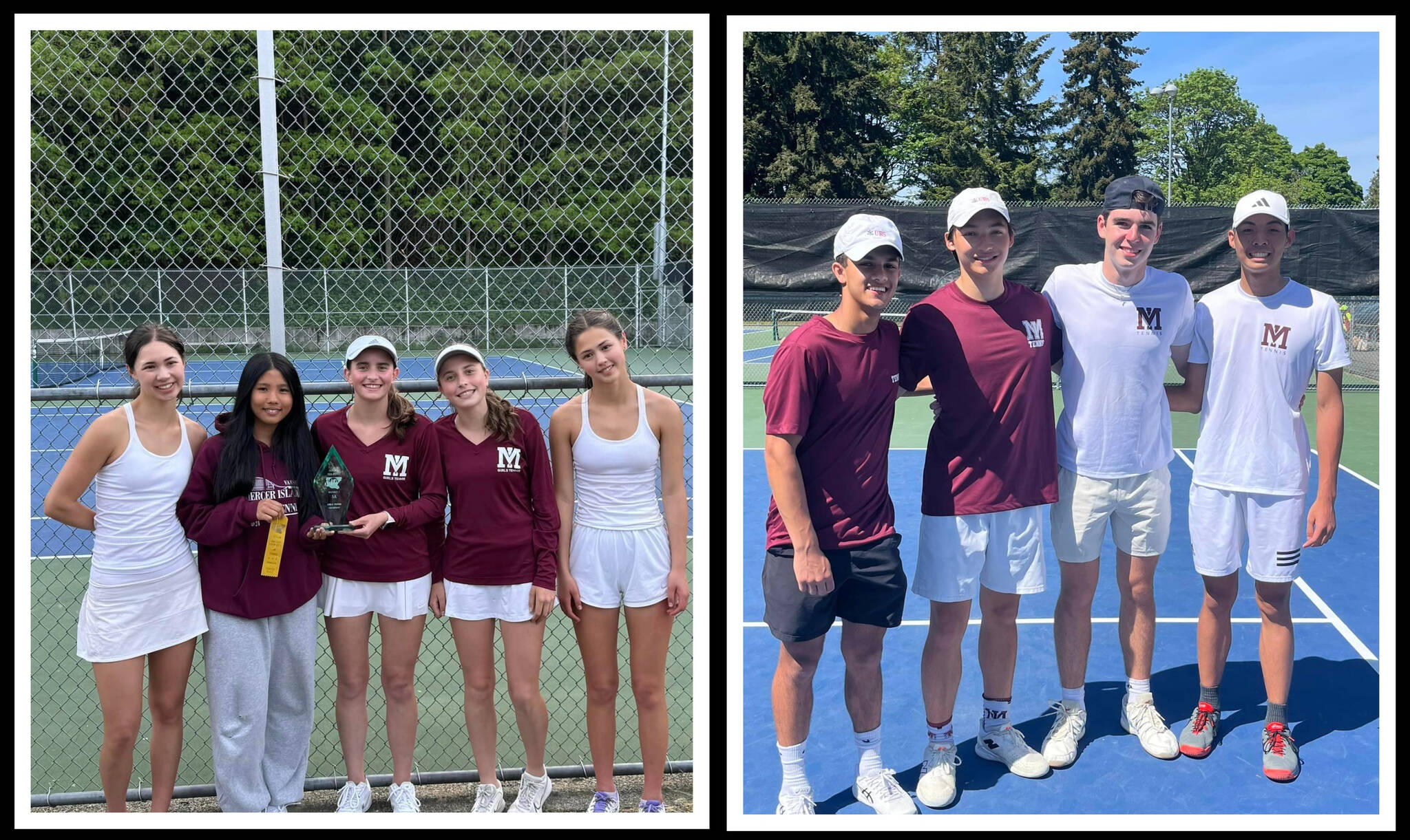 Mercer Island High School’s girls and boys tennis doubles teams won 3A districts and qualified for the 3A state championships on May 24-25 at the Vancouver Tennis Center. For the girls, sisters Rachel and Sarah Garton (maroon shirts) took first at districts, and sisters Violet and Mia Kinney (white shirts) were fourth at districts and also made state. Chloe DeGracia was fourth in singles at districts and also qualified for state. The girls team won the district title. For the boys, Gian Manhas and Nathan Wen (maroon shirts) took first place and Sam Dilworth and Connor Leung (white shirts) took second place and also advanced to state. Photos courtesy of the Mercer Island School District