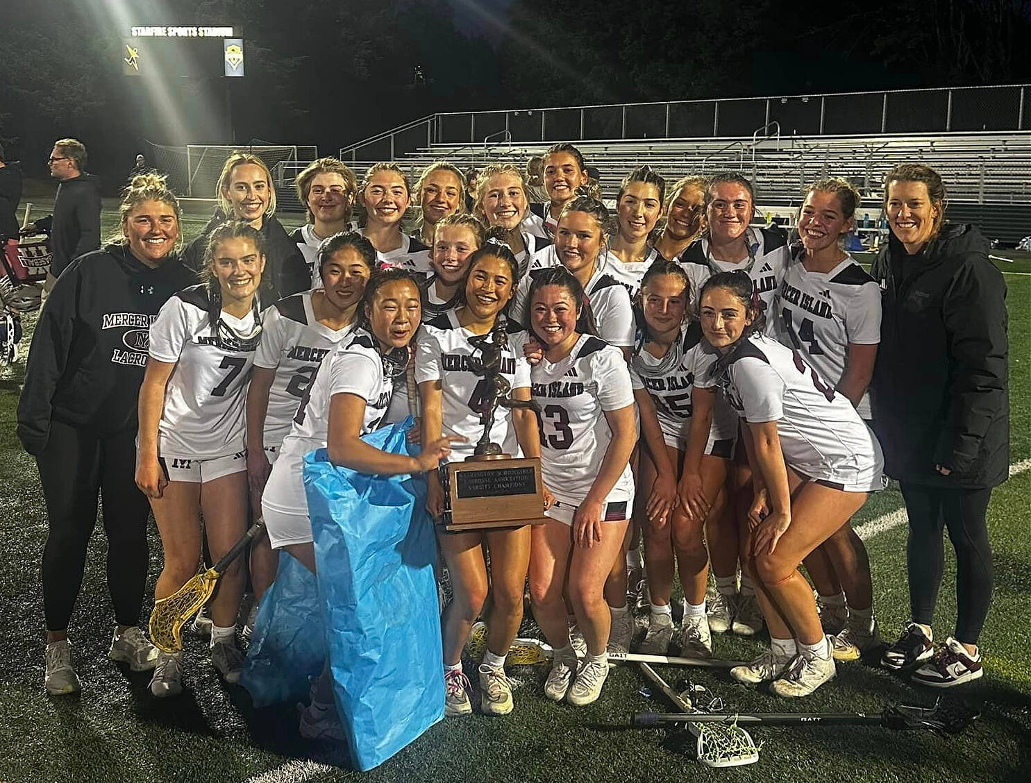 The Mercer Island High School girls lacrosse team beat Seattle Prep, 12-11, to win the 3A state crown on May 17 at Starfire Sports Complex in Tukwila. Photo courtesy of the Mercer Island School District