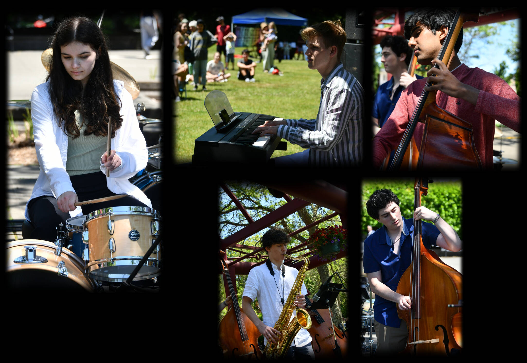 From left to right, top, Mercer Island High School jazz quintet Groove Fusion members are Alanna Larson, drums, Julian Jay, piano, and Sidh Shroff, bass; and bottom, Lukas Flood Wallin, saxophone, and Daniel Marcus, bass. The band performed at the June 19 Juneteenth Community Celebration at Mercerdale Park. Andy Nystrom/ staff photos