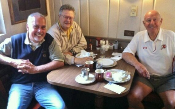 Greg on left, Gary Snyder in the middle. Coach Ed Pepple on the right. Taken at Pancake Corral in Bellevue. Courtesy photo