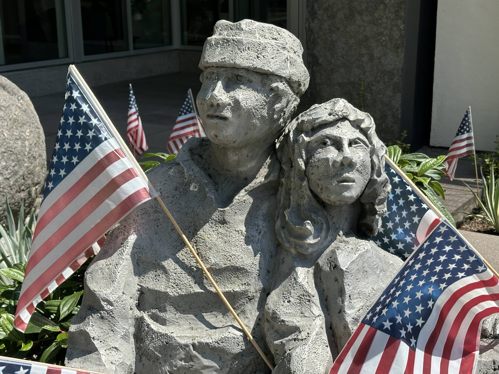 Flags were placed on this Mercer Island statue on the corner of 78th Avenue Southeast and Southeast 28th Street earlier this week to celebrate the Fourth of July. Photo courtesy of Greg Asimakoupoulos