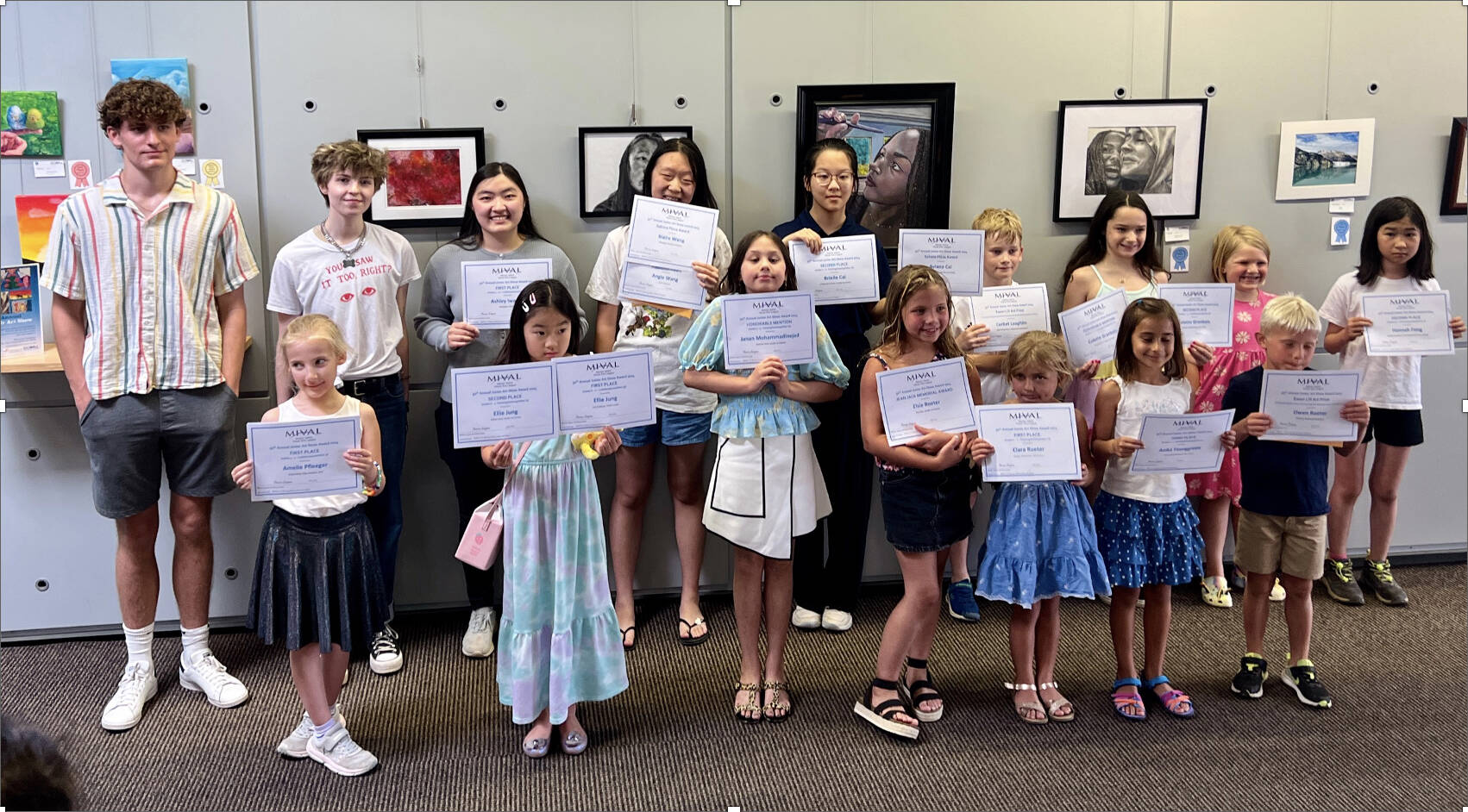 Back row: Bryce Martin (MIHS Scholarship), Niko Ulshin (MIHS Scholarship), Ashley Iwasaki (MIHS Scholarship), Angie Wang, Brielle Cai, Corbet Laughlin, Colette Granbois, Blake DeVille and Hannah Fong. Front row: Amelie Pfleeger, Ellie Jung, Janan Mohammadinejad, Elsie Roeter, Clara Roeter, Anika Younggreen and Owen Roeter. Photo courtesy of Theresa Zwingman