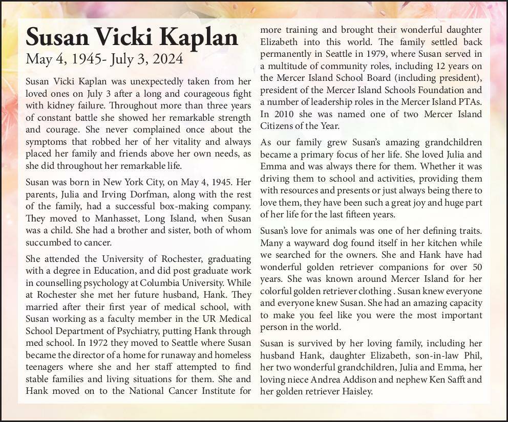 Susan Vicki Kaplan | Obituary | Mercer Island Reporter