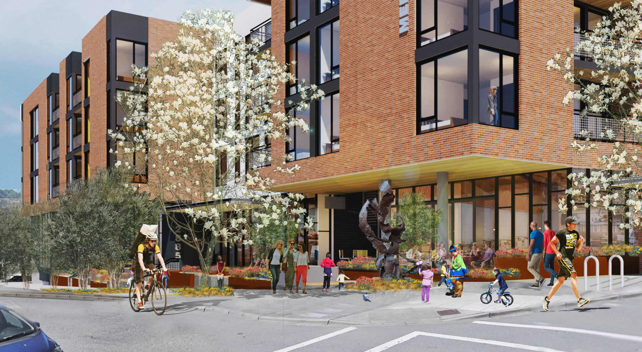 A rendering of the Xing Hua mixed-use development at the southeast corner (intersection of 78th Avenue Southeast and Southeast 29th Street). Courtesy of Johnston Architects