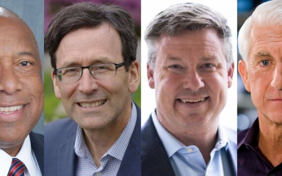 Primary candidates in the 2024 Washington state governor’s race. From left to right, Semi Bird (R), Bob Ferguson (D), Mark Mullet (D) and Dave Reichert (R). Photos courtesy of campaigns