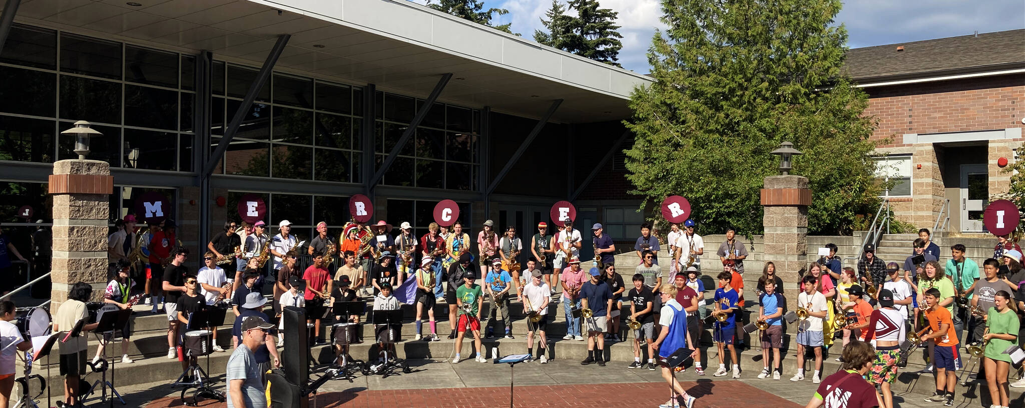 Mercer Island High School marching band members put their instruments into action in the school quad during band camp. Photo courtesy of Ume Lindemeier