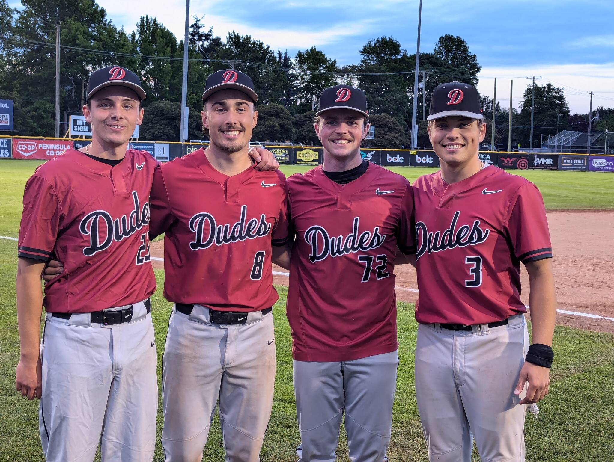 Mercer Island High School graduates, from left to right, Gov Aufranc, Austin Cupic, Cutter Werdel and Jack Varney played for the Redmond Dudes Baseball Club in the Pacific International League this summer. Photo courtesy of Joe Gray