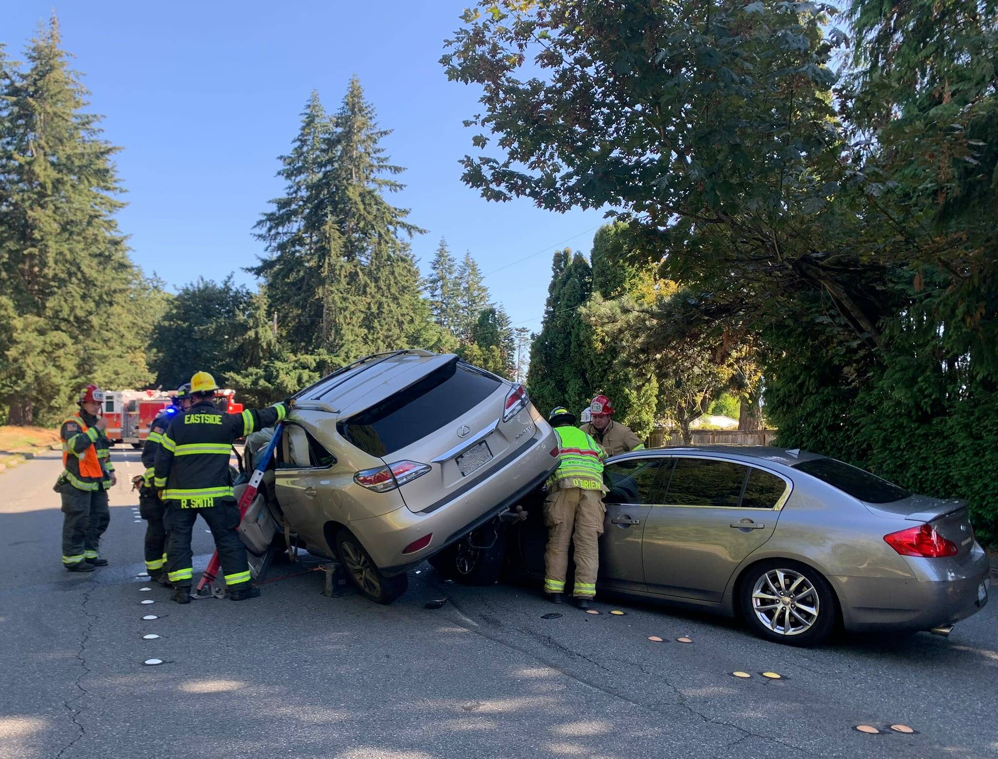 Mercer Island police and fire units responded to a non-injury collision at Island Crest Way and Southeast 38th Street on Aug. 28. More details were not available at press time. Photo courtesy of the Mercer Island Police Department