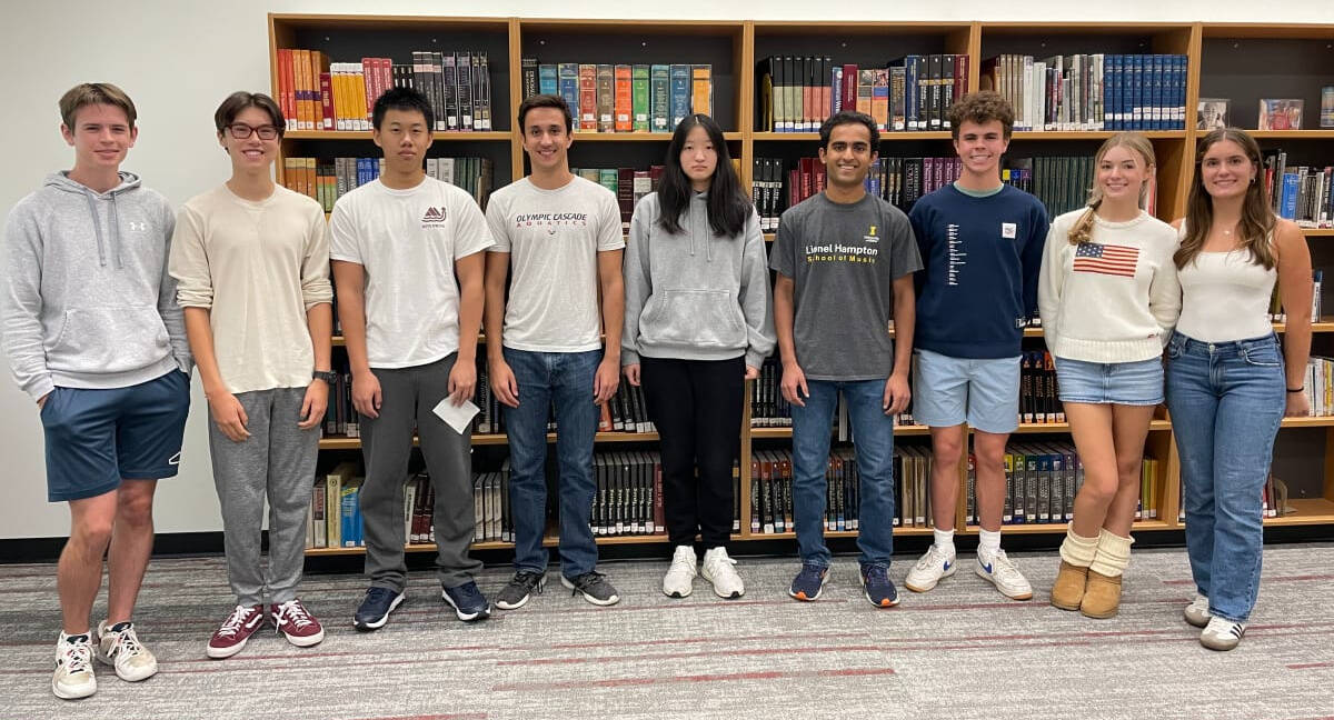 Left to right: Jack Hillberg, Trevor Hockley, Andrew Liu, Ari Waingold, Allison Huang, Ashwin Krishnaswamy, Rhett Hounsell, Elisabeth Grove and Sophia Loiselle. Photo courtesy of the Mercer Island School District