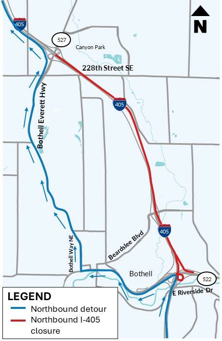 Northbound I-405 near Bothell will be closed late Friday evening to early Monday morning. Courtesy of WSDOT.