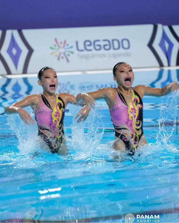 In an action-packed performance, Siran Cao, left, and Isabella Lin, right, won first place in the 12U duet category at the Pan American Aquatics Championships in Lima, Peru, last month. Photo courtesy of PanAm Aquatics