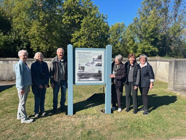 Members of the boards of the Mercer Island Historical Society and the Friends of Luther Burbank gather on Sept. 30 at the installation of a new sign explaining the “ruins” of the old milk barn that was part of the Luther Burbank School. They are, left to right, Marcia Zervis, Judith Roan, Einer Handeland, Terry Moreman, Jane Meyer Brahm and Sue Stewart. The two organizations paid for the sign and the work of the designer, James Englehardt, who couldn’t be present for the unveiling of the sign. Also missing were Susan Blake and Sandy Maloof. Courtesy photo