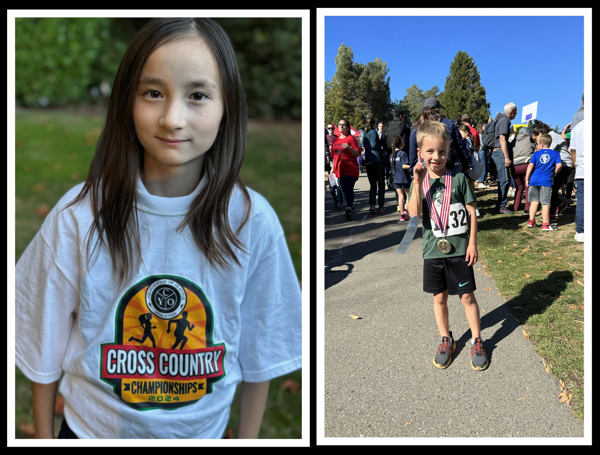 St. Monica Catholic School’s fourth-grader Lily Augustine (left) notched first place in the girls 1.1-mile race with a time of 7:35.15 at the Catholic Youth Organization cross country championships on Oct. 6 at Woodland Park in Seattle. Also for St. Monica of Mercer Island, kindergartner Michael Buhrmann (right) placed second in the boys 0.4-miler in 3:13.73; fourth-grader James Donaldson took ninth in the boys 1.1-miler in 7:48.35; kindergartner Myra Yau placed 10th in the girls 0.4-miler in 3:43.62; and sixth-grader Navid Nygaard took 20th in the boys 1.25-miler in 9:02.12. Courtesy photos