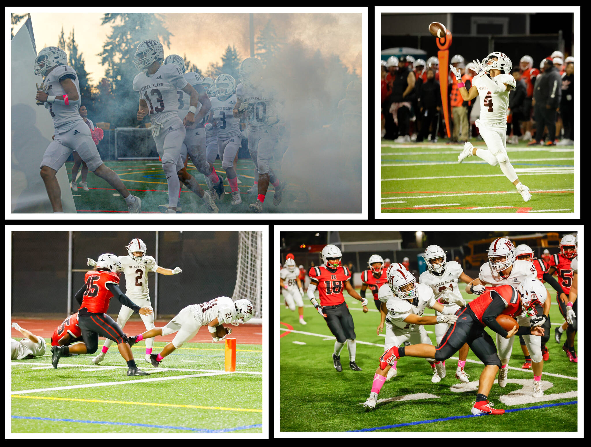 Mercer Island High School’s football team notched a 70-0 victory over Renton High School on Oct. 10 at Islander Stadium. The locals are now 6-0 on the season. Pictured scoring touchdowns are Parker Blosch (#21) and Elan Gotel (#4). MI next plays Inglemoor at 7 p.m. on Oct. 19 at Pop Keeney Stadium in Bothell, and Redmond at 7 p.m. on Oct. 25 at Islander Stadium. Photos courtesy of Linda Kercher