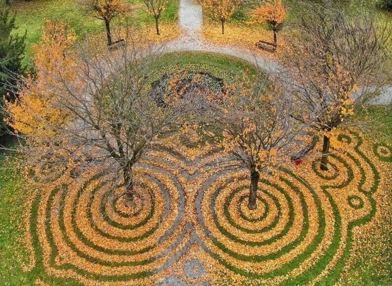 <p>Artistic leaf patterns made by land artist Nikola Faller. Courtesy of mossandfog.com</p>