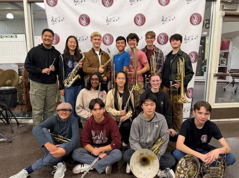 Mercer Island High School band students who have been selected to participate in the prestigious 2024 Western International Band Clinic honor bands. Courtesy photo