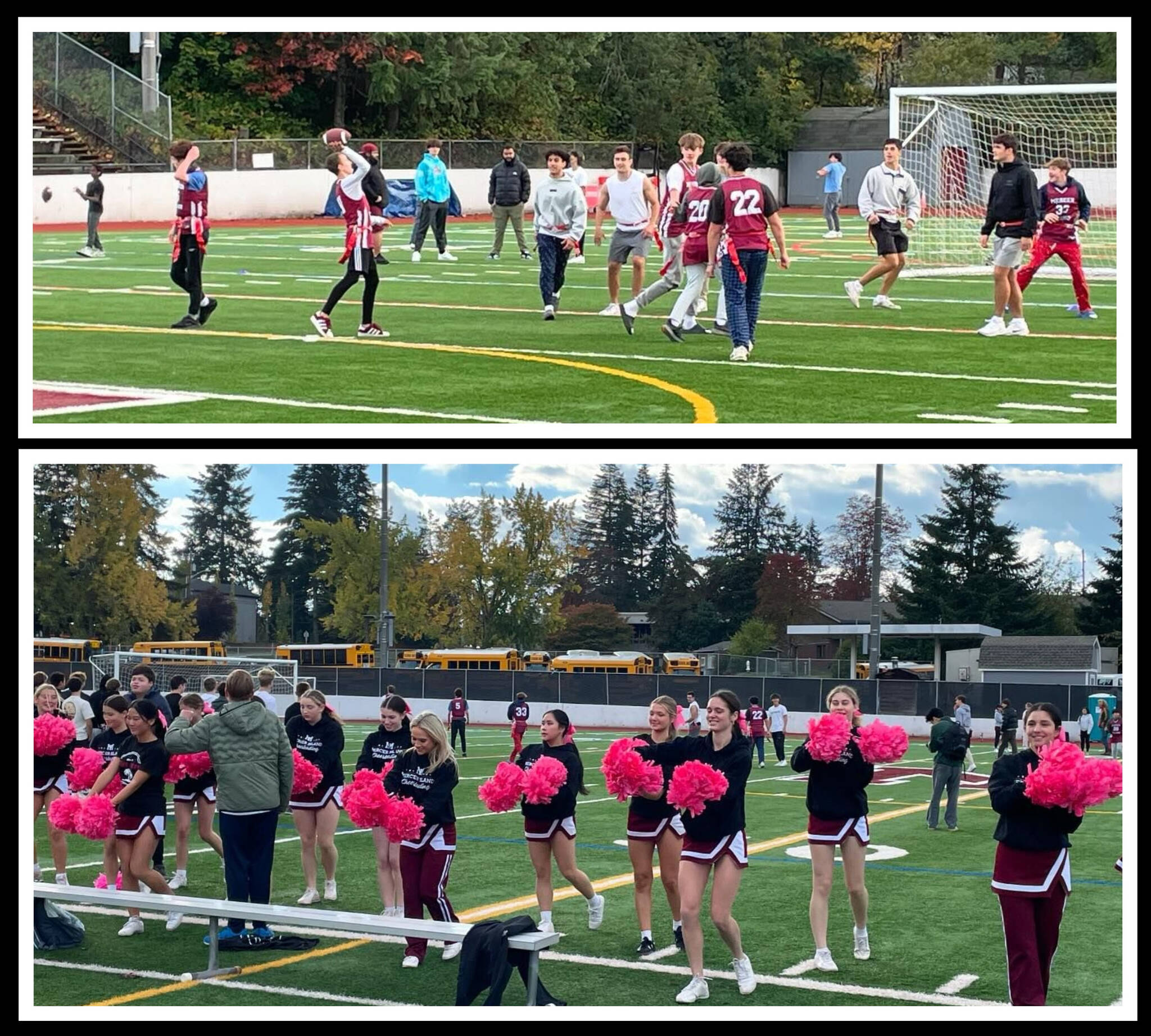 The Mercer Island High School Unified Flag Football team played the school’s varsity football squad on Oct. 23 at Islander Stadium. The Sparkle Cheer squad performed at halftime and band members provided music from the grandstand. Photos courtesy of the Mercer Island School District