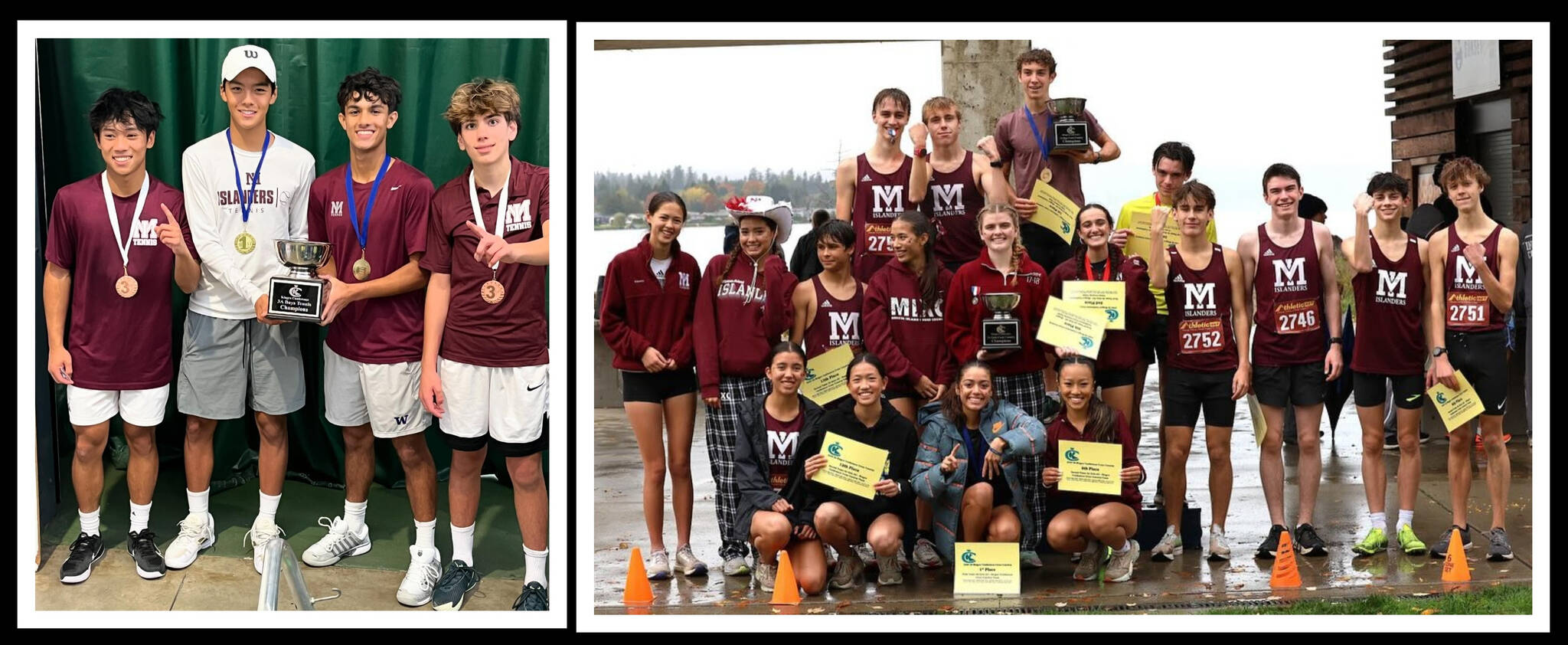 The Mercer Island High School (MIHS) boys tennis team won the KingCo tournament championship on Oct. 26 and Joe DeGracia placed first in singles, Gian Manhas/Nolan Bang placed first in doubles and Luke Loiselle/Minh Luu placed third in doubles. On the cross country scene on Oct. 26, both the girls and boys teams defended their KingCo team titles on an ultra-soggy Lake Sammamish State Park course. Senior Owen Powell and sophomore Sophia Rodriguez defended their individual titles. Next up for the harriers is the 3A District 2 meet on Oct. 31 at Lower Woodland in Seattle. Photos courtesy of the Mercer Island School District