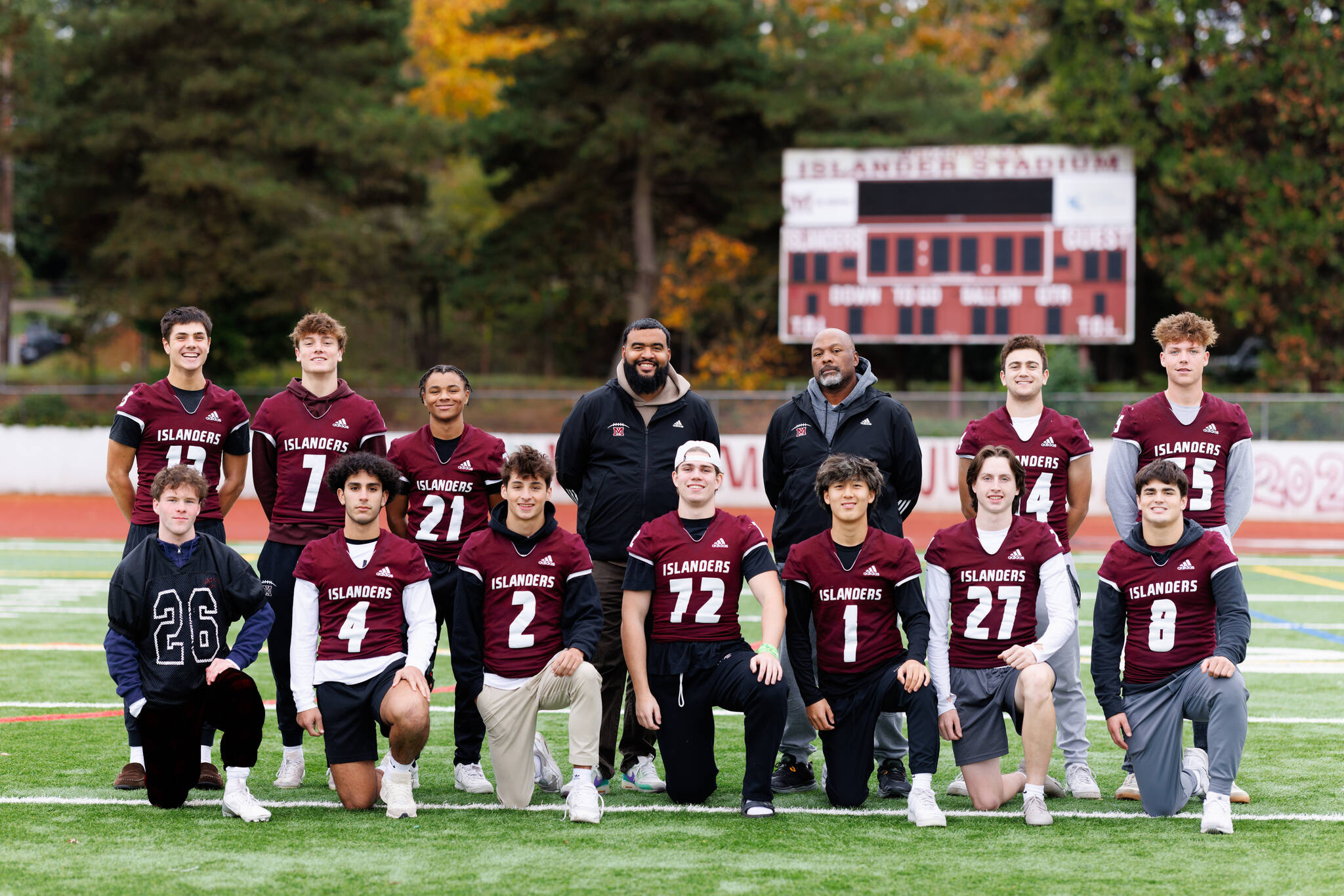 Mercer Island High School’s football team defeated Highline High School, 51-6, on Nov. 2 to remain undefeated this season. The Islanders finished first in the KingCo Mountain division with a 6-0 record and stand at 9-0 overall. MI advances to the 3A District 1-6 playoffs and will battle Kelso High School at 2 p.m. on Nov. 9 on the road at Highlander Stadium. The winner qualifies for state. KingCo named its football all-league teams last week, and here’s MI’s selections: First row: Kellen Eskridge (Honorable Mention WR/DB), Elan Gotel (1st Team WR and OLB), Charlie Chatalas (1st Team CB, 2nd Team WR, Defensive Player of the Year), Vince Bom (1st Team OL, 2nd Team DL), Youngmin Lee (1st Team QB, Offensive Player of the Year), Ethan Kercher (1st Team K) and Tyler Williamson (1st Team LB). Second row: Ryder Davis (1st Team WR and S), Jack Buchan (2nd Team TE and LB), Parker Blosch (2nd Team RB and CB), DJ Mims (Coach of the Year), Mo Drayton (Assistant Coach of the Year), Joe Shleifer (Honorable Mention OL) and Ari Wolff (1st Team OL, 2nd Team DL). Photo courtesy of Linda Kercher