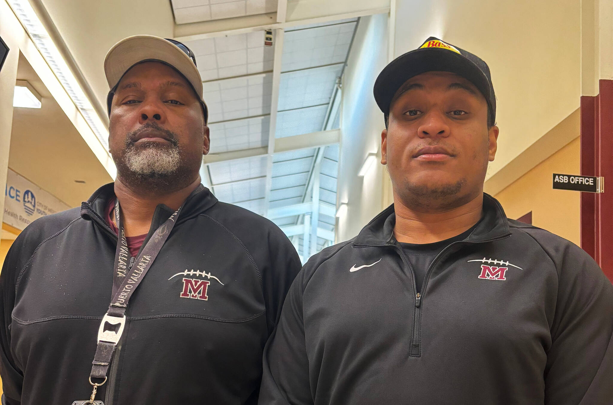 From left, Mercer Island High School football defensive coordinator Mo Drayton and offensive coordinator Christian Chambers. Andy Nystrom/ staff photo