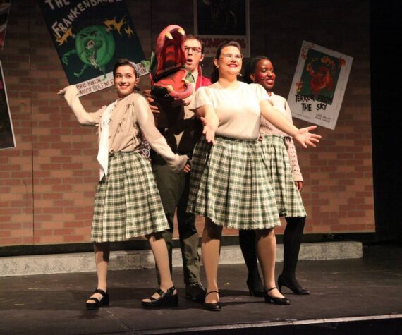 <p>From left to right: Kaori Lancaster, Kyle Gerstel, Pilar Bousono and Joy Rurangwa are pictured at a full dress rehearsal for the Mercer Island High School Drama department’s production of “Little Shop of Horrors.” (Photo courtesy of Alec Chvany)</p>