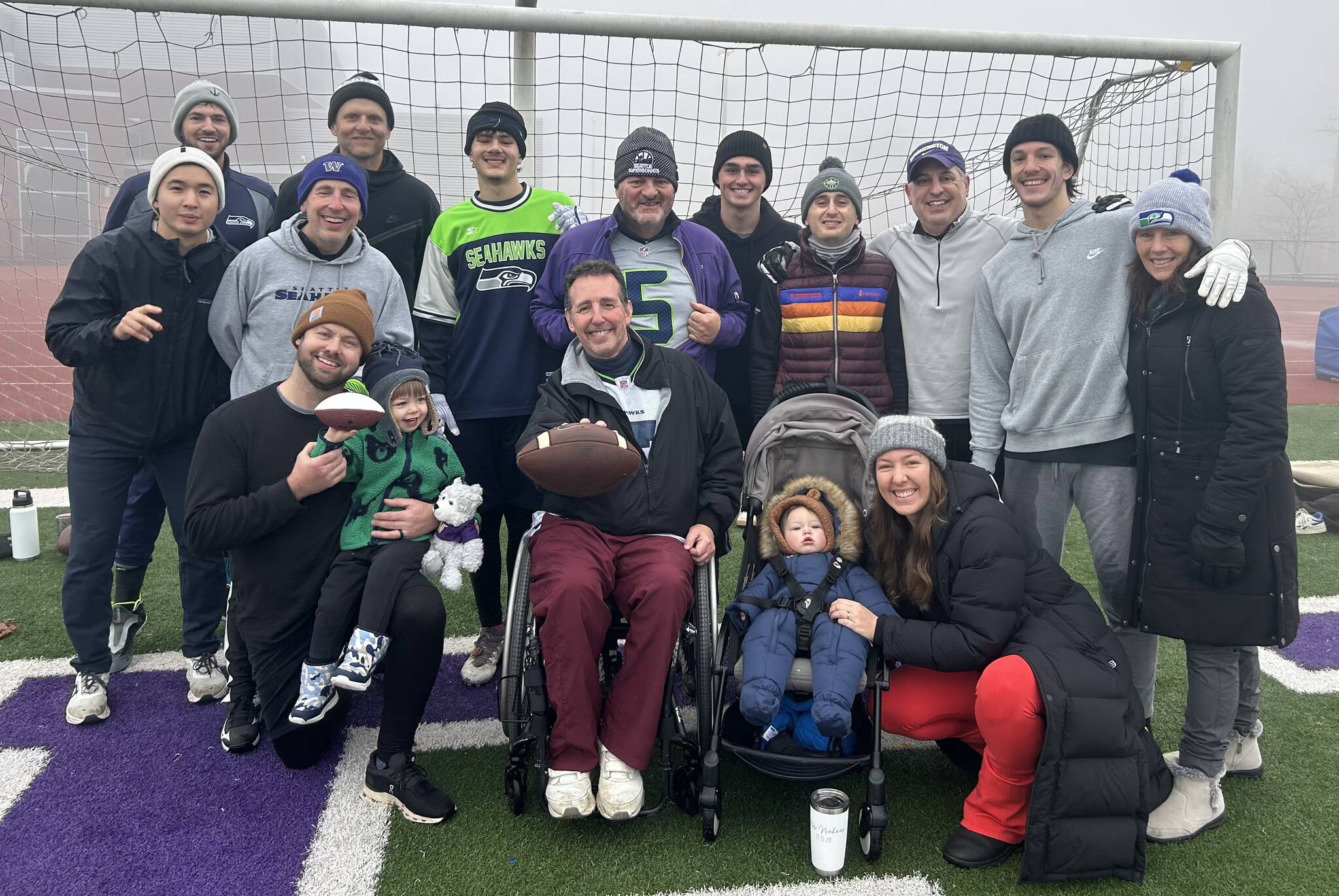 A bevy of Mercer Islanders participated in the 37th Annual Turkey Bowl football game on Thanksgiving morning at Garfield High School. Pictured are players and spectators: Michael Schiller, Dawn Schiller, Marcus Schiller, David Schiller, Mia Blake, Max Blake, Josh Niehaus, Karli Niehaus, Jaylan Niehaus, Shaya Niehaus, Danny Brawer and Norman Wu. Other participants included Curtis Knopf (who was inducted into the Turkey Bowl Hall of Fame), Eli Knopf, Rich Strauss, Ashley Kinghorn and Zachary Potthoff (who won this year’s MVP Award). Courtesy photo