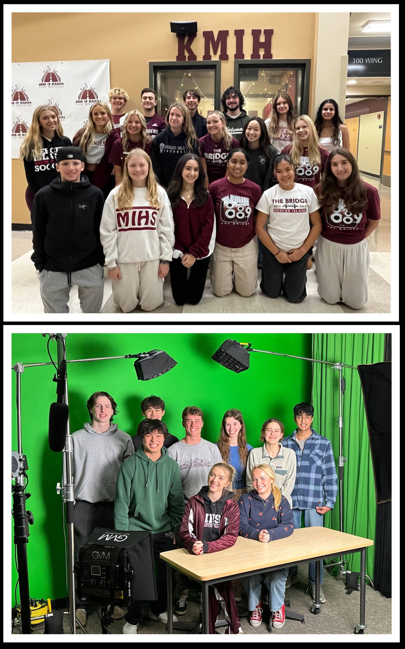 Top, Mercer Island High School (MIHS) KMIH 88.9 The Bridge students and, below, MIHS.TV students. Photo courtesy of the Mercer Island School District